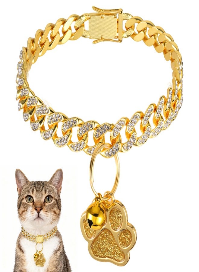 Eldraqth Cat Collar Diamond Cat Chain Collar Metal Pet Necklace with Paw Charm and ID Tag Bell Bling Pet Collars Cuban Link Jewelry Accessories for Small Medium Dogs Cats Puppy Kittens (Gold, 10 Inch) - Image 1